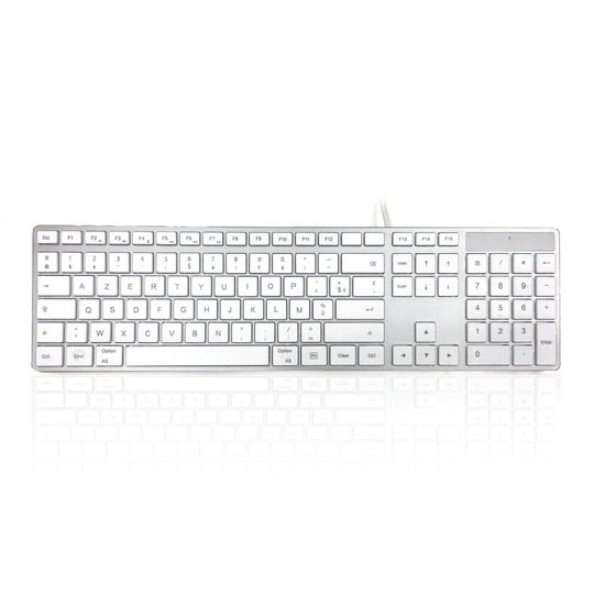 (Mac French) Accuratus 301 MAC USB Type C - USB Type C Wired Full Size Apple Mac Multimedia Keyboard with White Square Tactile Keys and Silver Case