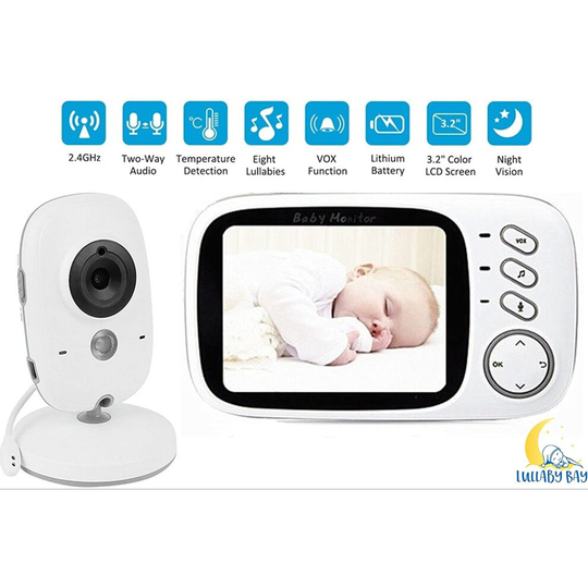 Lullaby Bay Video Baby Monitor with Camera. Anti-Hack Encryption. Wireless Digital 3.2 inch LCD Screen. Night Vision. Temperature Sensor. 2-