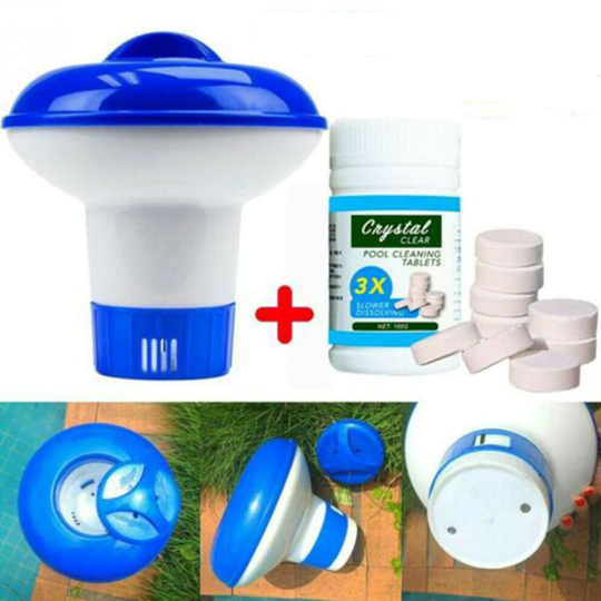 100PC Cleaning Tablets For Pool Floating Chlorine Hot Tub Dispenser Chemical Kit