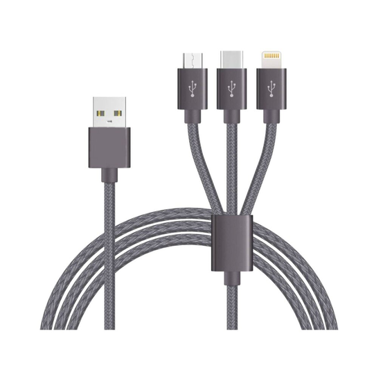 (Grey) 3 in 1 Multi USB Phone Charger Cable for iPhone and Android Nylon Braided Data Cable