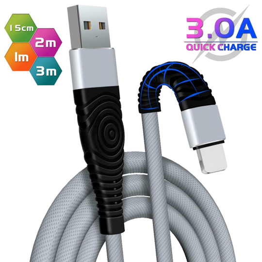 (3M, Grey) Strong Braided USB Fast Charging Charger Cable Quick Sync Data For iPhone 8 7 6s