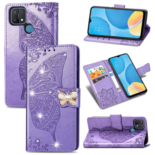 OPPO A15 Folio Diamond Case Cover with Butterfly Print and Stand -Purple