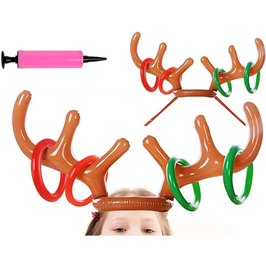 Christmas Party Toss Game, Inflatable Reindeer Antler Hat with Rings, Xmas Fun Games for Kids Adults Family Indoor Outdoor Garden Game