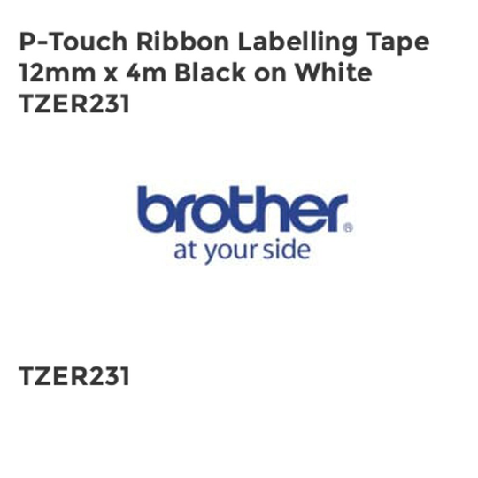 Brother P-Touch Ribbon Labelling Tape 12mm x 4m Black on White TZER231