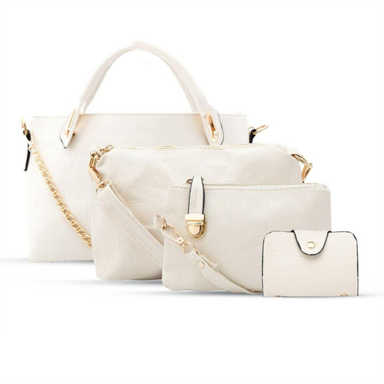 (Buy 1 - White) Women 4 Pcs Leather Handbag Set, White/Purple