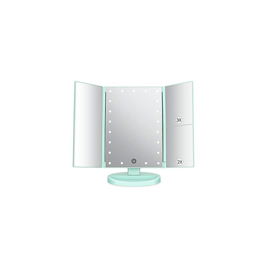 deweisn Tri-Fold Lighted Vanity Mirror with 21 LED Lights, Touch Screen and 3X/2X/1X Magnification Mirror, Two power Supply Mode Tabletop Makeup mir