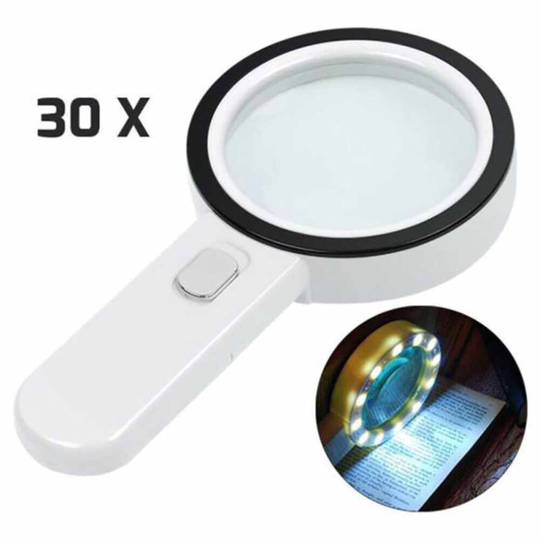 30x High Power Handheld Magnifying Glass LED Light Jumbo Illuminated Magnifier