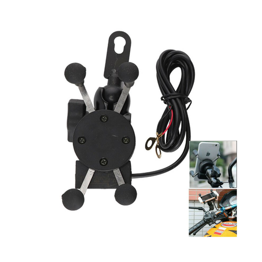 Universal Motorcycle Motorbike Mobile Phone Holder X Grip Clamp Mount USB Charge
