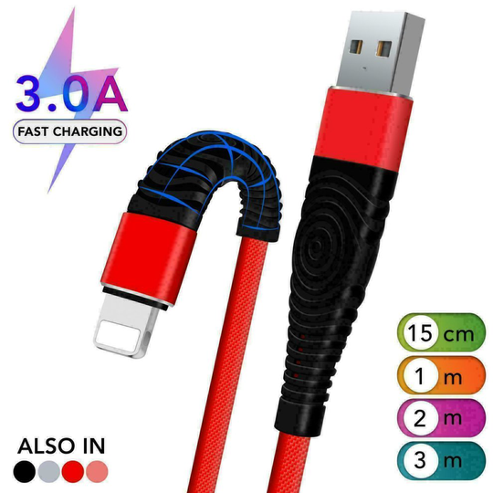 (Red, 15 CM) Heavy Duty Extra Long Data USB Charger Cable 3m 2m Lead For iPhone 8 7 6s 5s X