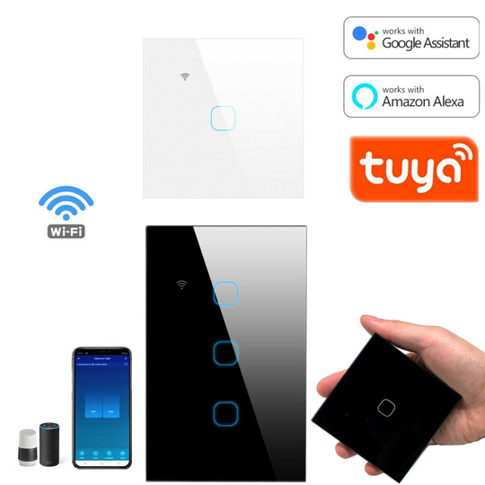 (Black, 3 Gang ) Wifi Smart Light Switch Touch Glass Panel 1 2 3 Gang For Alexa Google Home Tuya