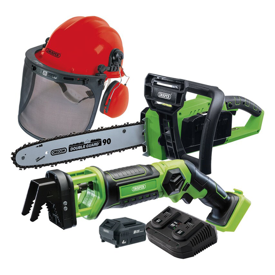 Draper 99763 D20 20V Cordless Chainsaw & Pruning Saw Kit with Helmet (2 x 4.0AH