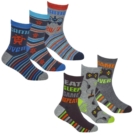 (L) Boys 6 Pairs Computer Video Gaming Theme Socks