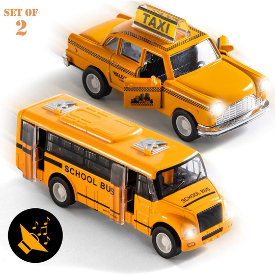 Top Race Metal Diecast School Bus and Taxi Pull Back Battery Powered with Lights and Sound 1:32 Scale Set of 2, TR-998, Yellow