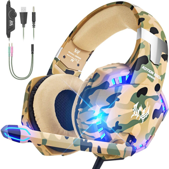Gaming headset for PS4 PS5 Xbox One 1 S PC Headphones with Microphone,USB LED Light Noise Cancellation Mic,Over Ear Compatible (Yellow Camo)