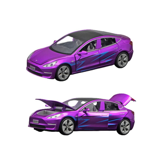 (Purple) 1:32 Tesla Model 3 Alloy Vehicles Sound Light Pull Back Car Diecasts Toy