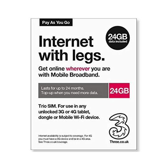 Three - 24GB Internet With Legs Trio Sim - Lasts up to 24 months