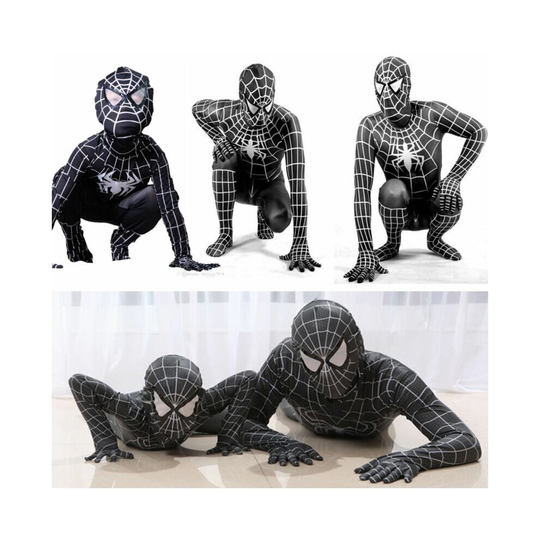 (Black, For Height 110-120cm) Spiderman Superhero Cosplay Costume Kids Adult Fancy Dress Jumpsuit Outfit
