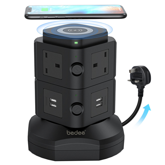 (Black) Switched Surge Extension Lead Plug Tower 6 Socket