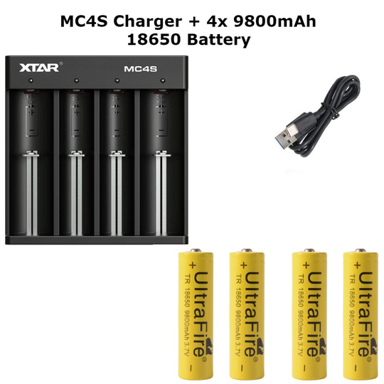 (MC4S Charger + 4x 9800mAh ) XTAR MC4S Portable 4 slot 18650 battery Charger with Type C Charging port for 3.7V with Batteries