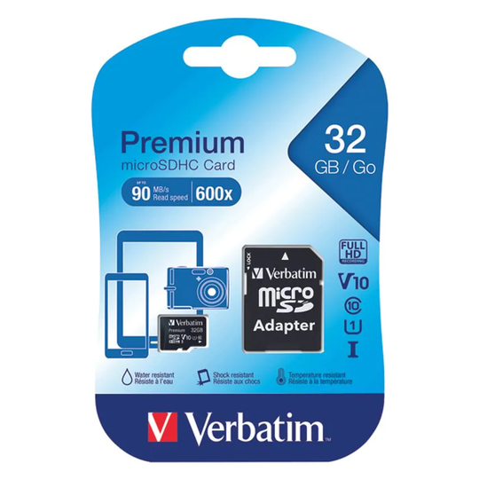 Verbatim Micro SDHC Memory Card Class 10 32GB with Adaptor 44083