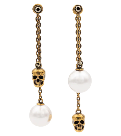 Faux pearl and skull earrings