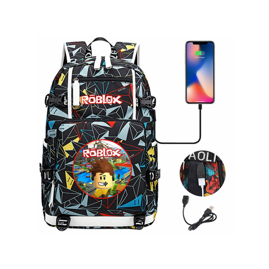 (Pattern 17) Roblox Backpack USB Charging Laptop Bag Travel Bag