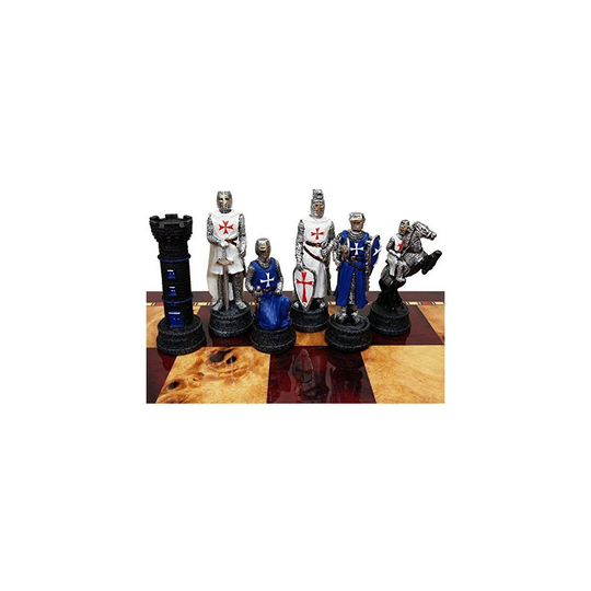 Medieval Times Crusades Knight Blue and White Set of Chess Men Pieces Hand Painted With Maltese Cross - no Board