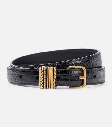 Lizard-effect patent leather belt