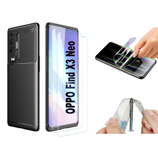 Fonetek®, Compatible with Find X3 Neo, Slim Carbon Fibre Shockproof Case Cover and 2x Hydrogel Screen Protector Covers for OPPO Find X3 Neo