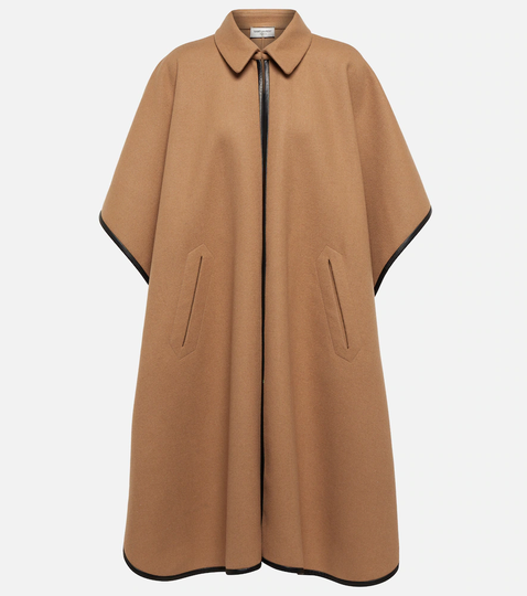 Leather-trimmed cashmere and wool cape
