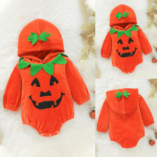 (Hooded Bodysuit, 110cm) Toddler Baby Boys Girls Halloween Pumpkin Cosplay Costume Tops Hat Outfits Set