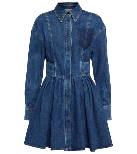 Pleated denim shirt minidress