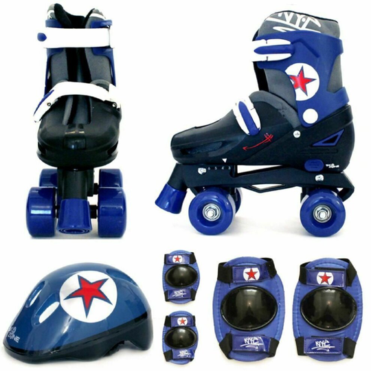 Blue Black Quad Roller Skates Safety Pads Helmet Set L 3-6 (35-38 EU)