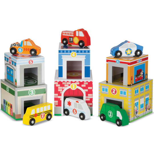 Melissa & Doug Nesting and Sorting Blocks - 6 Buildings, 6 Wooden Vehicles