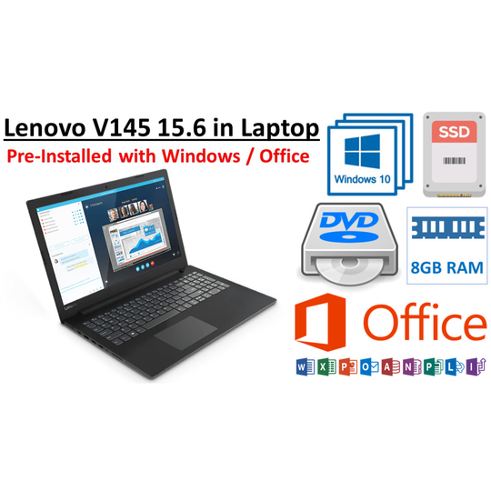 Lenovo V145 A6 15.6-inch Laptop, AMD A6-9225, 8GB RAM, 256GB SSD, DVD+RW,Windows 10 Pro