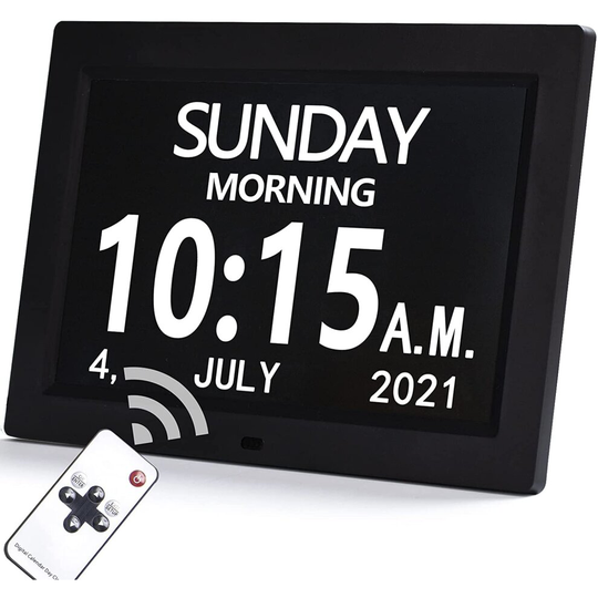 (Black) 7 Inch Digital Day Alarm Clock LED Calendar Dementia Time Date Month Memory Christmas