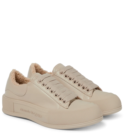 Shearling-trimmed leather sneakers