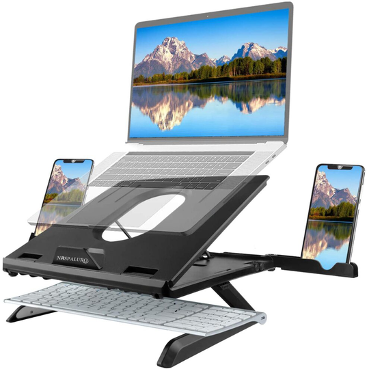 Naspaluro Laptop Stand Foldable, 9 Angles Adjustable Ventilated Laptop Holder with Foldable Legs & Phone Holders, Portable Space Saving Notebook Stand