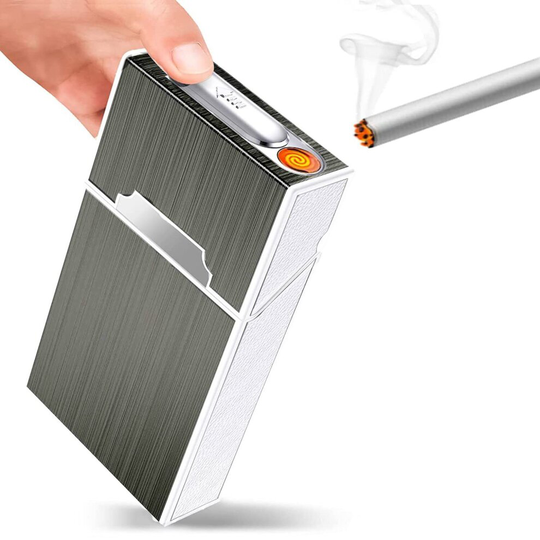Windproof USB Lighter Cigarette Case Storage Box Holder Aluminum Black