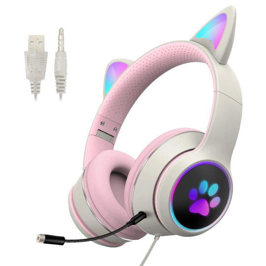 (Pink/White) LED RGB Gaming Wired Cat Ear Headphones Headset Detachable Microphone Pink Adult or Kids 3.5mm