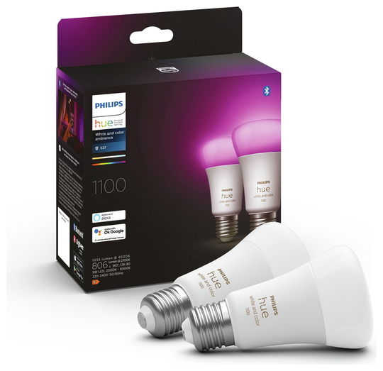Philips Hue E27 Colour Smart Bulb With Bluetooth - 2 Pack