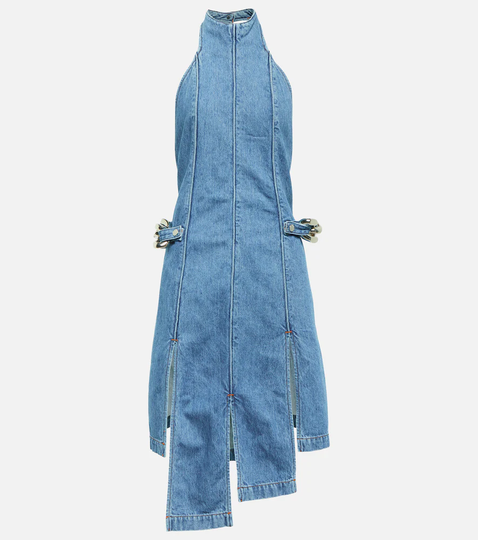 Chain-detail paneled denim midi dress