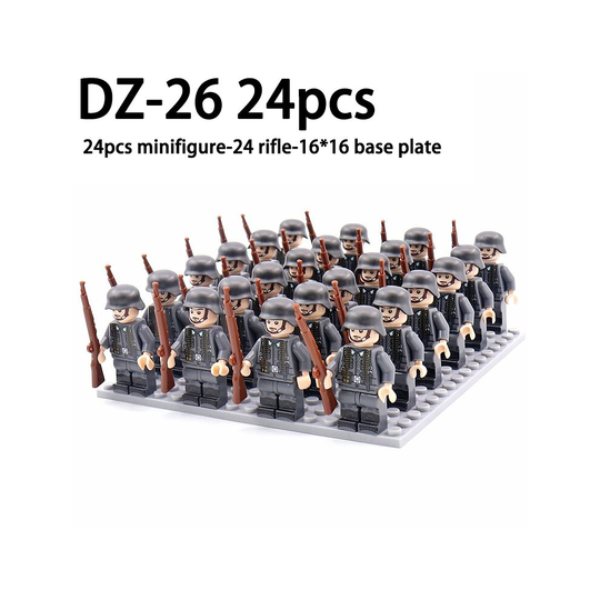 (DZ-26 24pcs) 24pcs Minifigures Military Building Blocks WW2 Rifle Models Assembling Military Games Suits Sand Tables 16*16 Base Plate