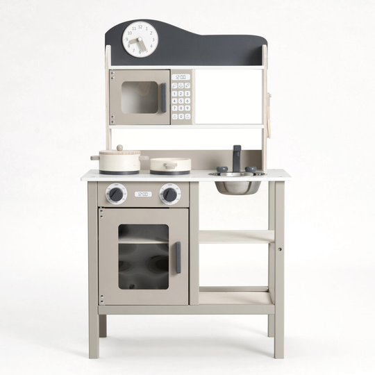 Small Wooden Play Kitchen with Utensils - Warm Grey