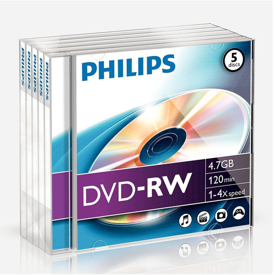 Philips DVD-RW 4.7GB Data/120 Min Video, 4x Speed Recording 5er Jewel Case