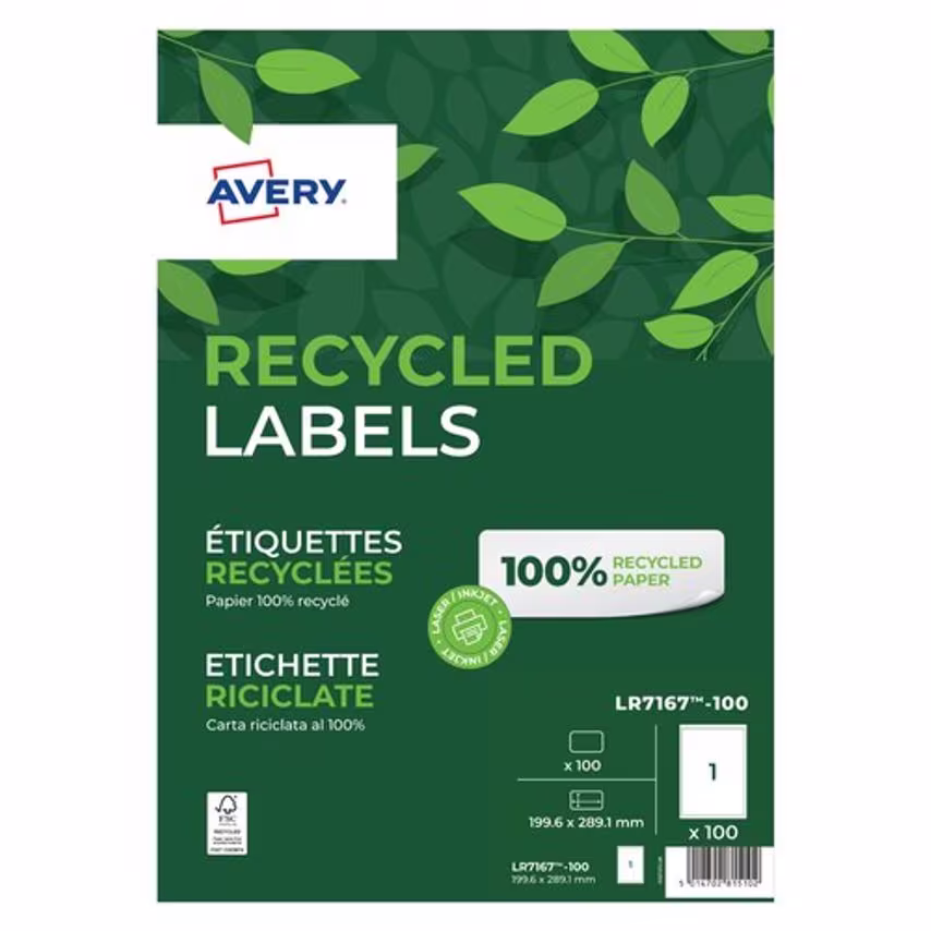 Avery Laser Recycled Address Label 199.6x289.1mm 1 Per A4 Sheet White (Pack 100