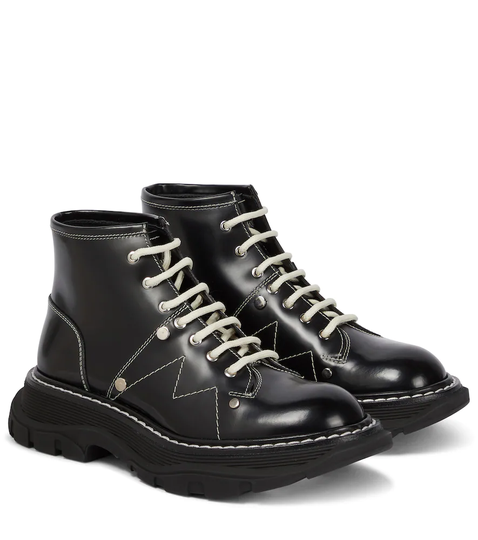 Tread patent leather ankle boots