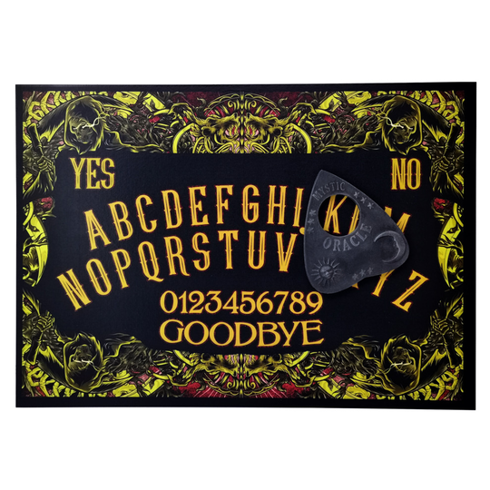 A4 Sized Wooden Grim Reaper Ouija Board Set Complete with Mystic Oracle Sun, Moon & Stars Planchette