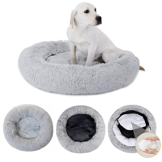(Light Grey, M) JS One Calming Ultra Soft Round Shag Faux Fur Dog Cat Donut Bed Orthopaedic Washable Cover Warm Fluffy Nest Mattress for Pet Non Slip