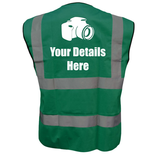 (Large) GREEN Hi Vis vest CAMERA IMAGE WITH PERSONALISED TEXT CUSTOM TEXT Vest Waistcoat Safety Vest